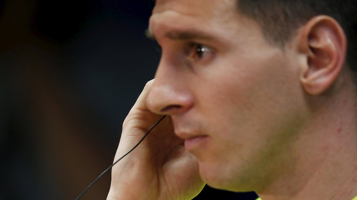 Barcelona's Messi attends a question during a news conference after a training session at Ciutat Esportiva Joan Gamper in Sant Joan Despi near Barcelona