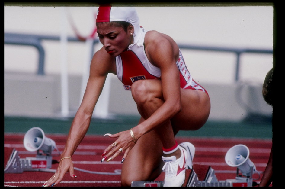 Florence Griffith-Joyner podczas startu na olimpiadzie w Seulu w 1988 r.