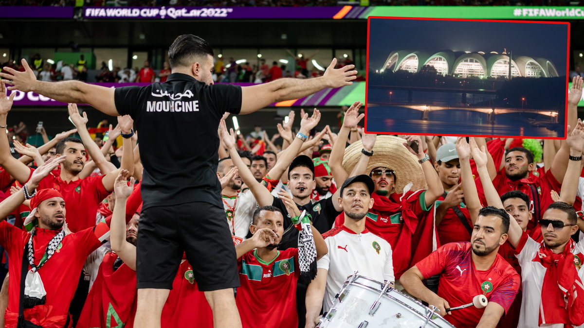 Kibice reprezentacji Maroka i stadion im. 1 Maja w Pjongjangu