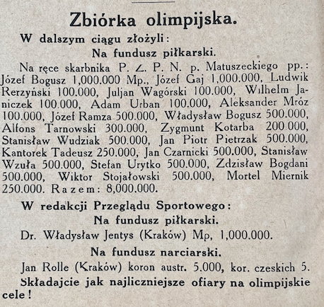 Fragment tekstu o zbiórce olimpijskiej w 1923 r.