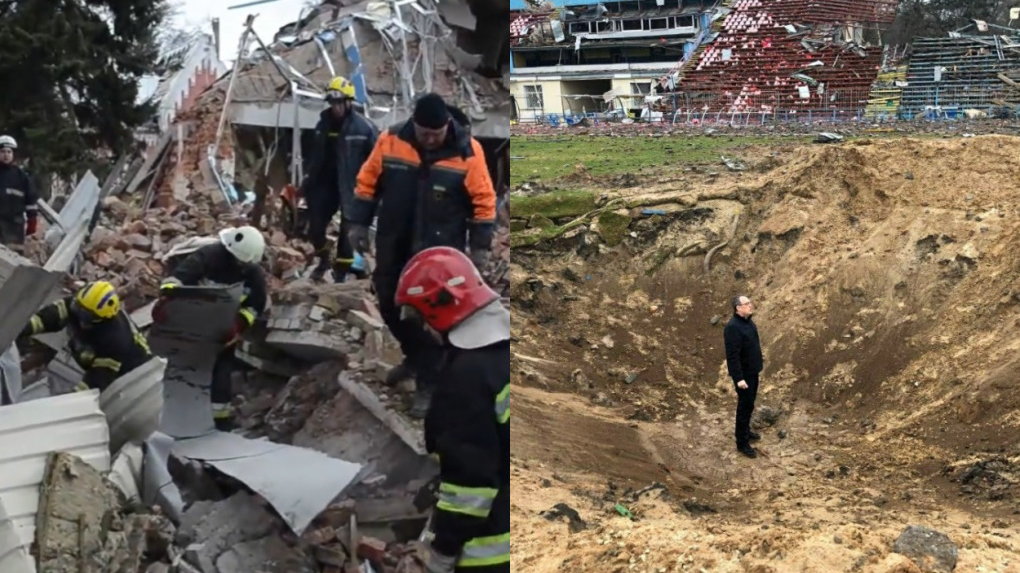 Służby rozpoczęły porządkowanie stadionu w Czernihowie po rosyjskim bombardowaniu