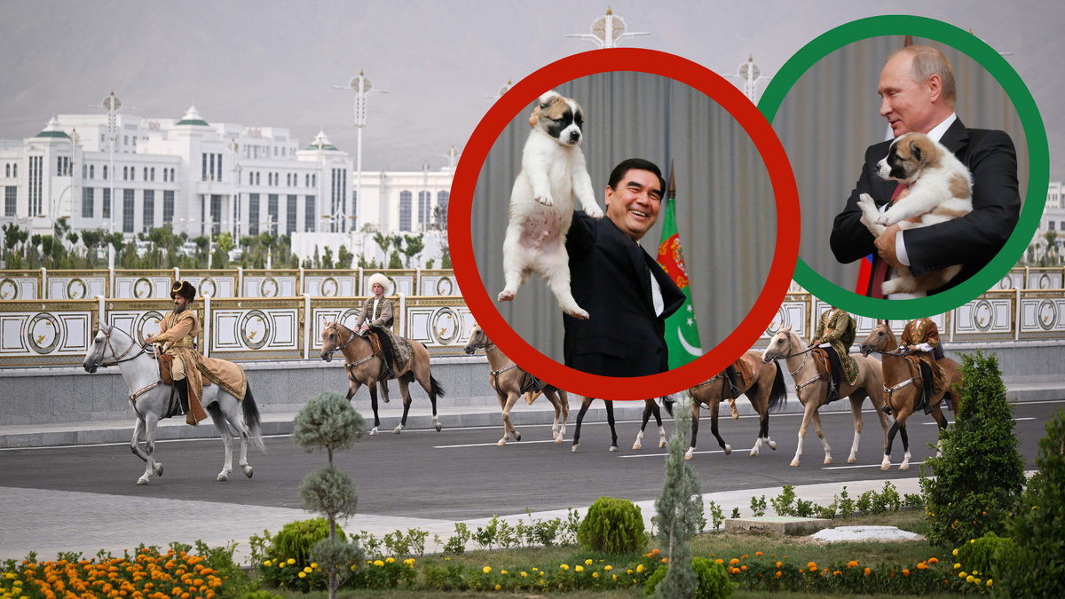 Fk Arkadag i Gurbanguly Berdimuhamedow wręczający psa Władimirowi Putinowi