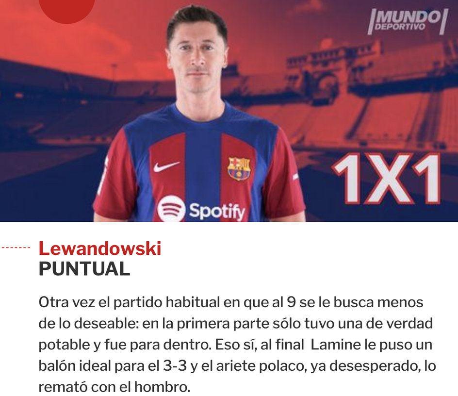 Ocena gry Lewandowskiego w "Mundo Deportivo"