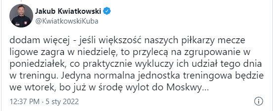 Wpis Jakuba Kwiatkowskiego na Twitterze