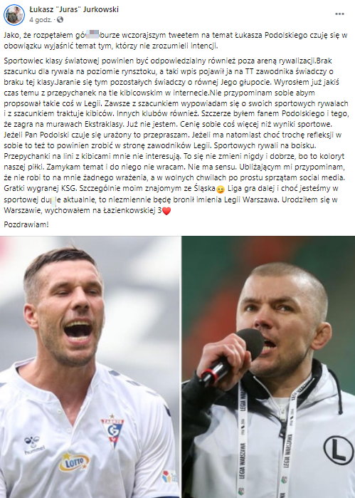 Wpis Łukasza "Jurasa" Jurkowskiego na Facebooku
