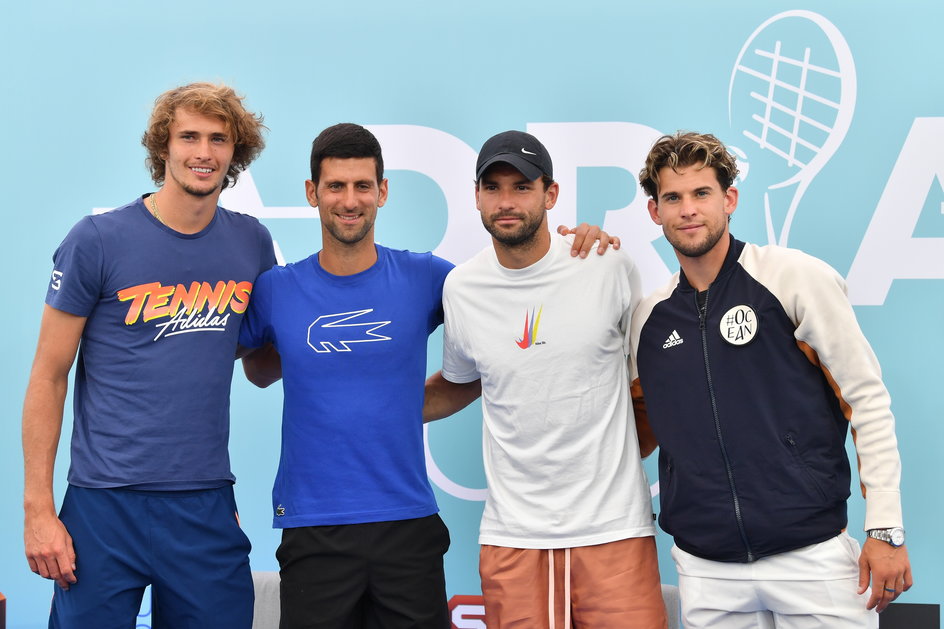 Alexander Zverev, Novak Djoković, Grigor Dimitrow i Dominic Thiem podczas otwarcia Adria Tour