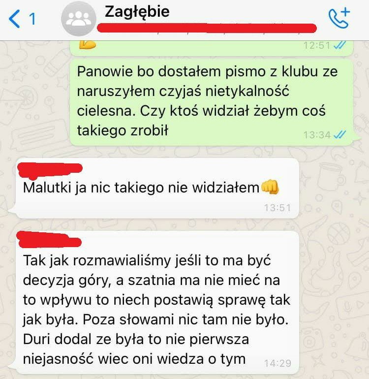 Fragmenty wiadomości pomiędzy Patrykiem Małeckim i dwoma piłkarzami Zagłębia.