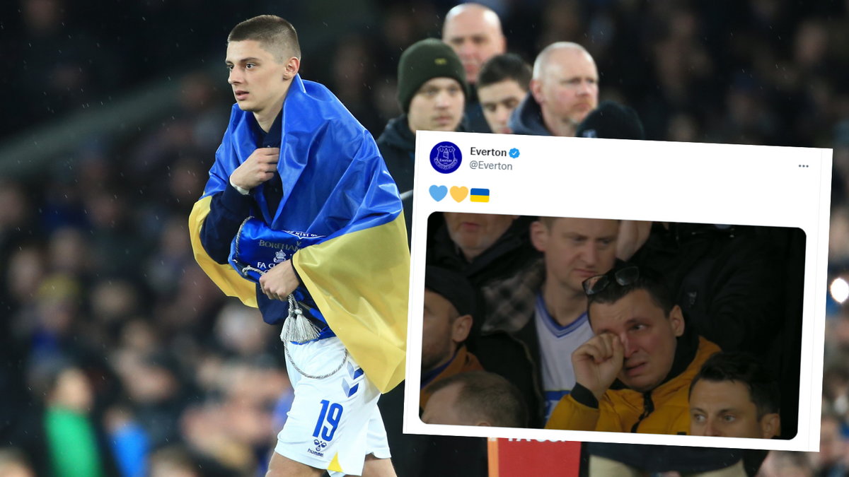 Witalij Mykołenko z flagą Ukrainy oraz płaczący kibic Evertonu