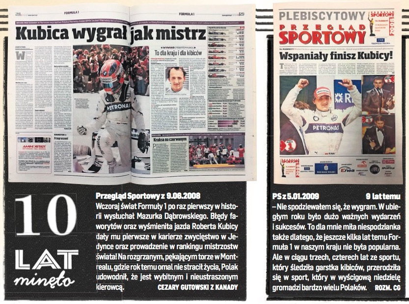 Fragmenty Przeglądu Sportowego opisujące sukces Roberta Kubicy w Kanadzie i w Plebiscycie na najlepszego sportowca Polski w 2008 r.