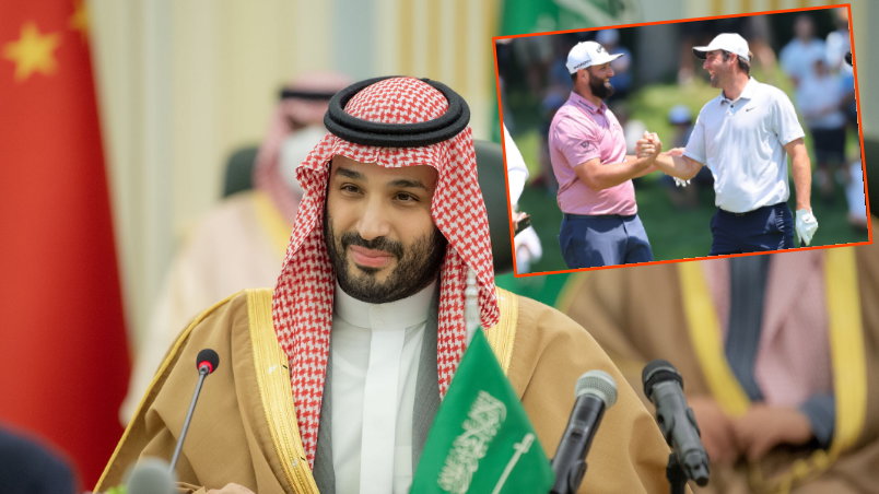 Mohammed bin Salman, który stoi za LIV. W rogu czołowi golfiści świata Scottie Scheffler i Jon Rahm