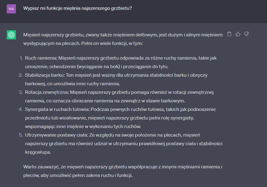 ChatGPT wskazał błędne informacje na temat funkcji mięśnia najszerszego grzbietu