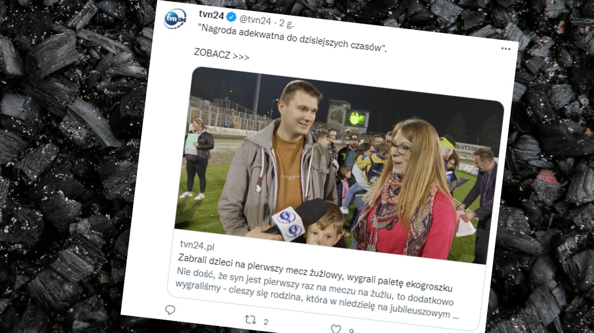 Rodzina z Rybnika wygrała tonę ekogroszku podczas turnieju żużlowego (twitter.com/tvn24)