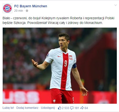 Post z facebooka Bayernu Monachium