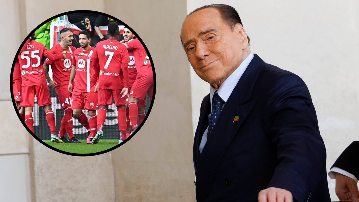 Silvio Berlusconi i piłkarze AC Monzy świętujący bramkę przeciwko Juventusowi Turyn