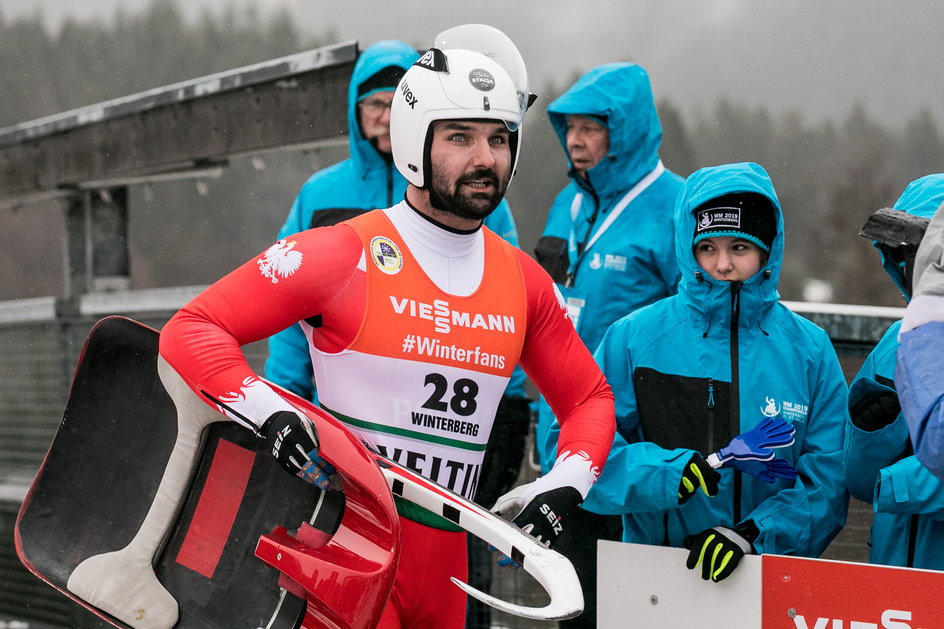 Maciej Kurowski w jednym z ostatnich startów w karierze. Winterberg. Styczeń 2019 r.