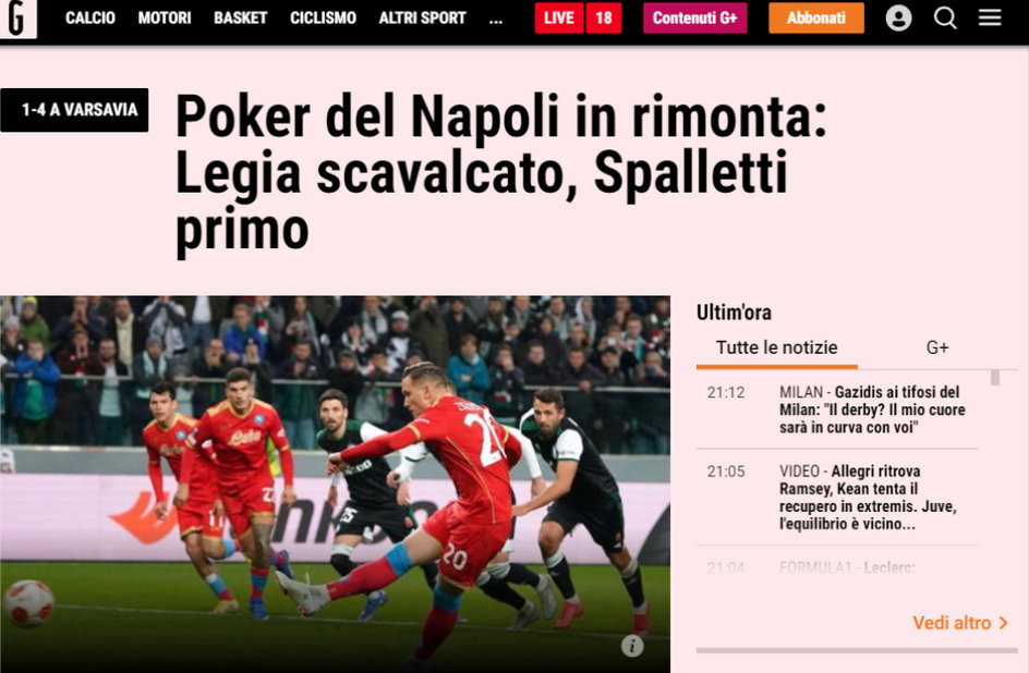 Dziennikarze "La Gazetta dello Sport" zwracają uwagę na pierwszą połowę, w której Legia zaskoczyła Napoli