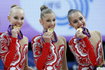 Russia's Kudryavtseva, Soldatova and Mamun pose with gold medals for a photo at the 31st European Rhythmic Gymnastics Championships in Minsk