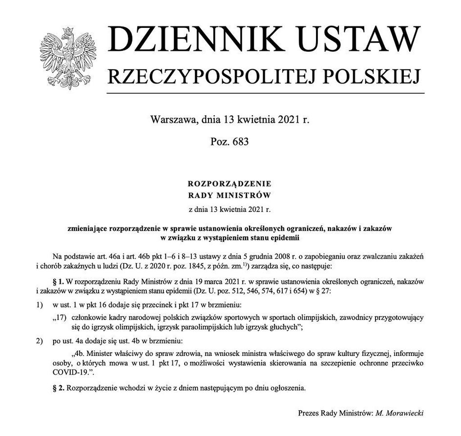 Dziennik Ustaw - rozporządzenie odnośnie szczepień dla sportowców