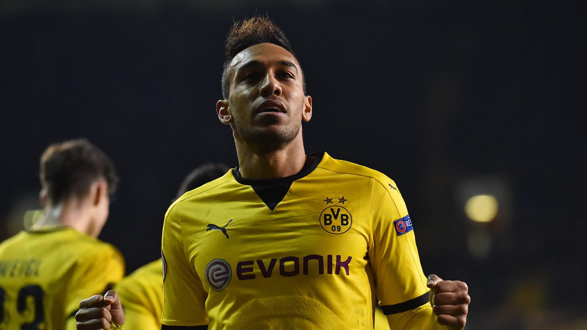 Borussia Dortmund's Gabonese striker Pierre-Emerick Aubameyang celebrates after scoring their second goal during the UEFA Europa League round of 16, second leg football match between Tottenham Hotspur and Borussia Dortmund at White Hart Lane in London on 