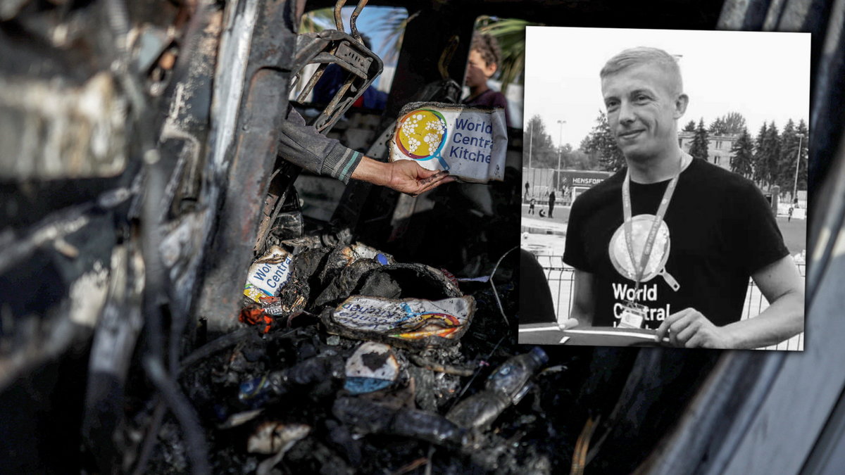 Zniszczony samochód World Central Kitchen w Strefie Gazy oraz Damian Soból
