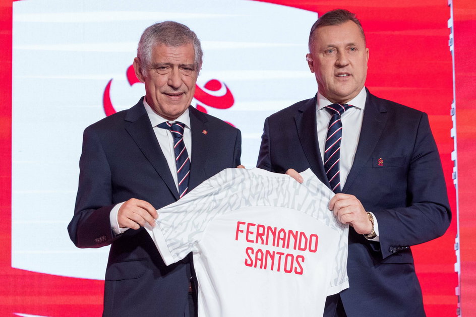 Selekcjoner reprezentacji Polski Fernando Santos i prezes PZPN Cezary Kulesza podczas styczniowej prezentacji Portugalczyka