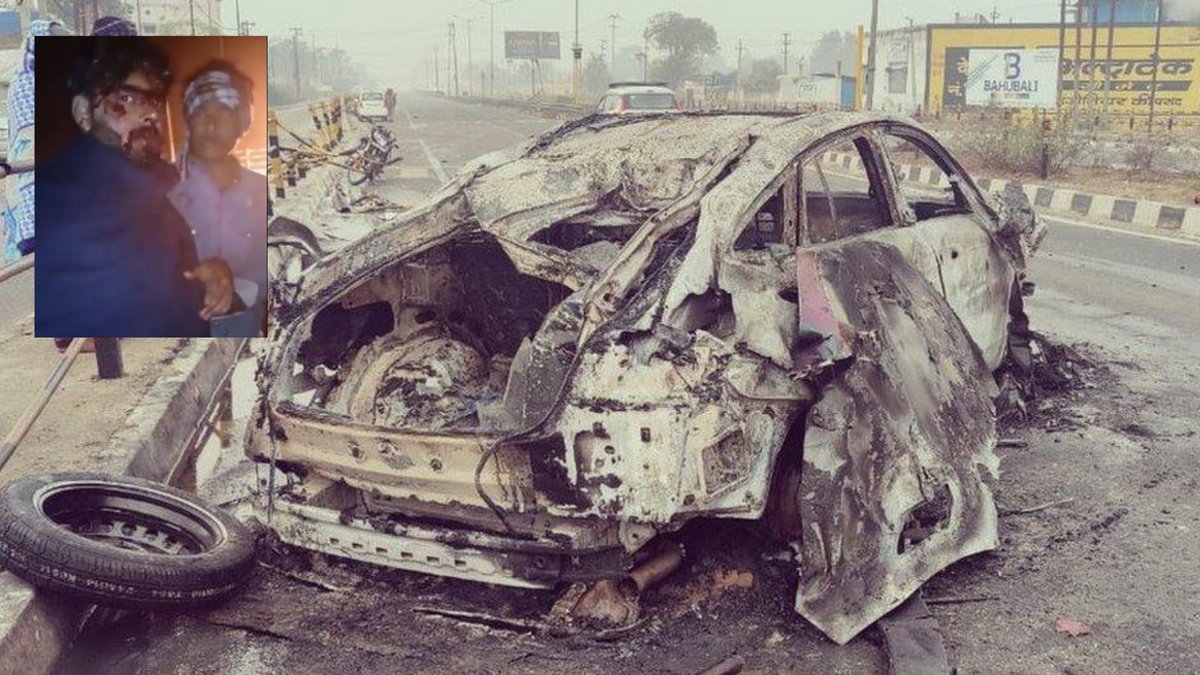 Doszczętnie spalony wrak auta Rishaba Panta