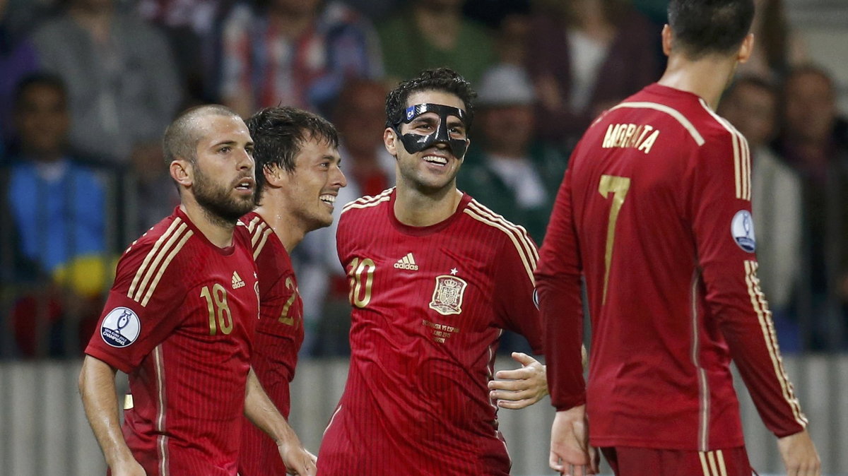 Spain's Silva and team mates celebrate his goal against Belarus during their Euro 2016 Group C qualifying soccer match at the Borisov Arena stadium outside Minsk