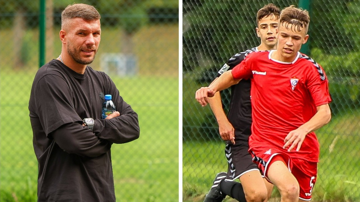 Lukas Podolski obserwuje, jak jego syn Louis (w czerwonej koszulce) rozwija się w barwach Górnika