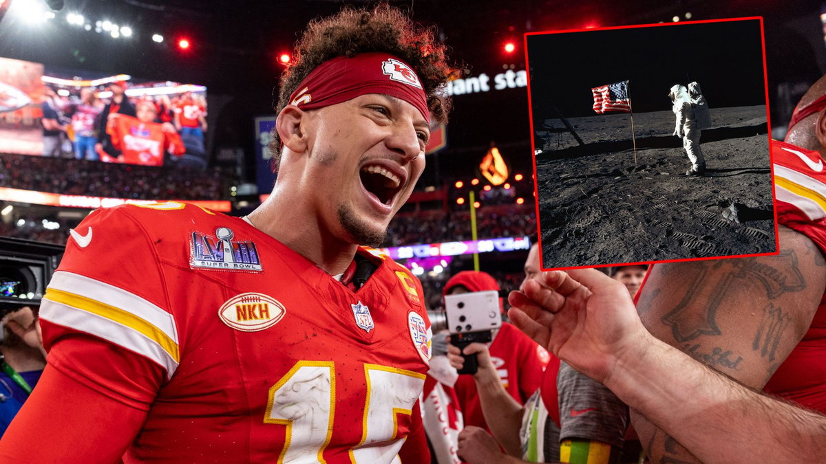 Patrick Mahomes, na mniejszym zdjęciu astronauta Edwin Aldrin na Księżycu