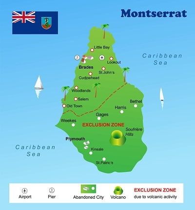 Mapa przedstawiająca podział na bezpieczną i niebezpieczną strefę Montserratu