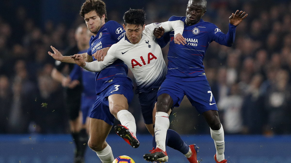 Marcos Alonso, N'Golo Kante (Chelsea Londyn) i Son Heung-min (Tottenham)