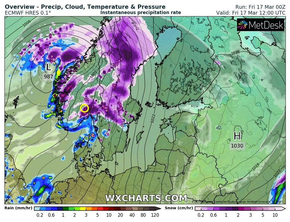 Dziś w rejonie Vikersund będzie padał deszcz i śnieg, ale stopniowo zanikający