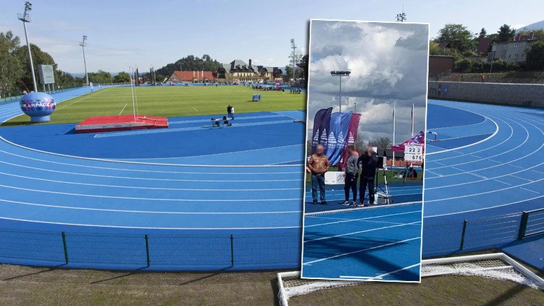 Stadion w Karpaczu i trenerzy, którzy zasłaniają wiatromierz