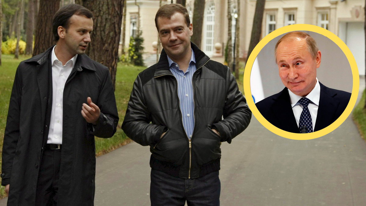 Arkadij Dworkowicz w rozmowie z Dmitrijem Miedwiediewem (w ramce Władimir Putin)