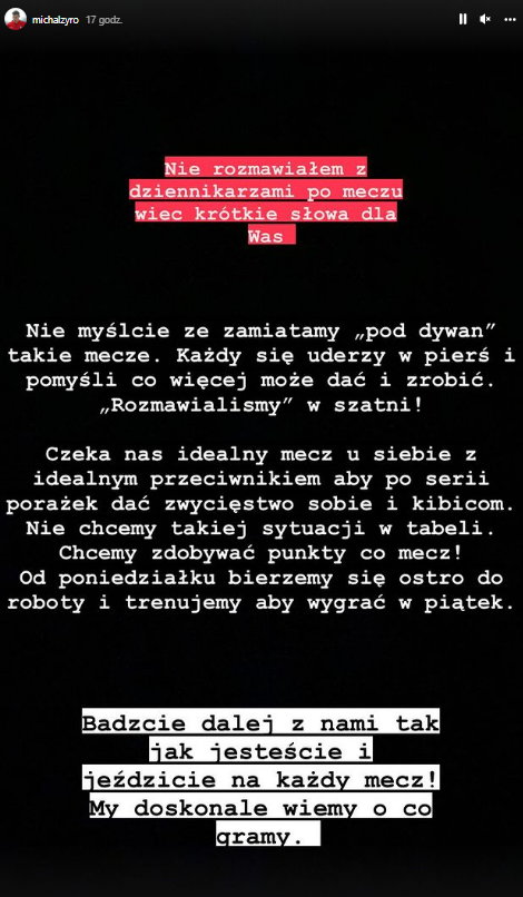 Michał Żyro zwrócił się do kibiców na Instagramie