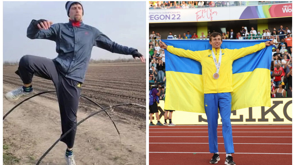 Andrij Procenko. Po lewej w czasie treningu w szczerym polu na terenach okupowanych przez Rosjan. Po prawej z flagą, fetujący medal zdobyty w MŚ w Eugene