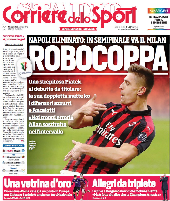 Gra słów na okładce „Corriere dello Sport”. Coppa - to puchar, a trener Gattuso nazwał Piątka Robocopem