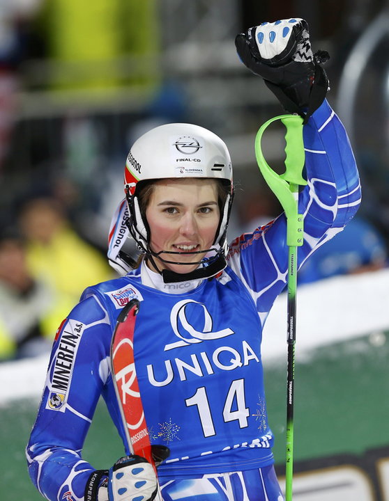 Vlhova of Slovakia reacts following the women's night slalom race of the Alpine Skiing World Cup in Flachau