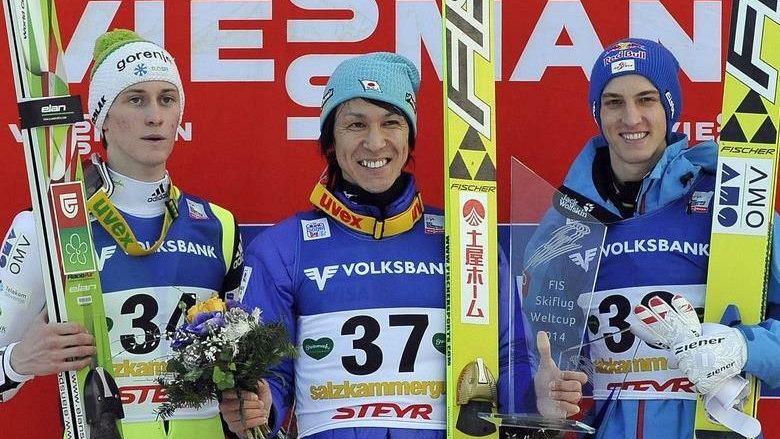 Podium konkursu lotów w Tauplitz-Bad Mitterndorf