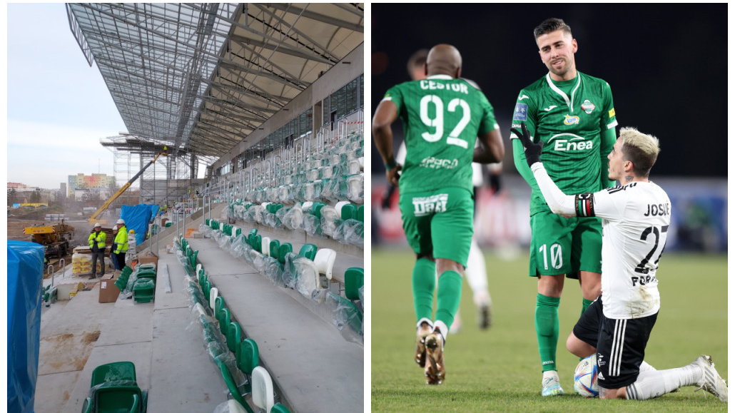 Po lewej stronie budowany nowy stadion Radomiaka. Po prawej - Josue, strzelec pierwszego gola dla Legii