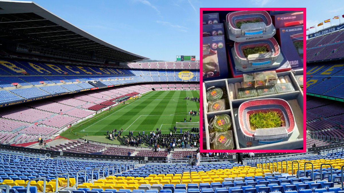 Stadion FC Barcelona (w ramce fragmenty murawy sprzedawej przy Camp Nou)