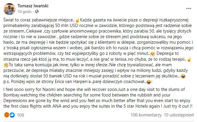 Wpis Tomasza Iwańskiego na Facebooku