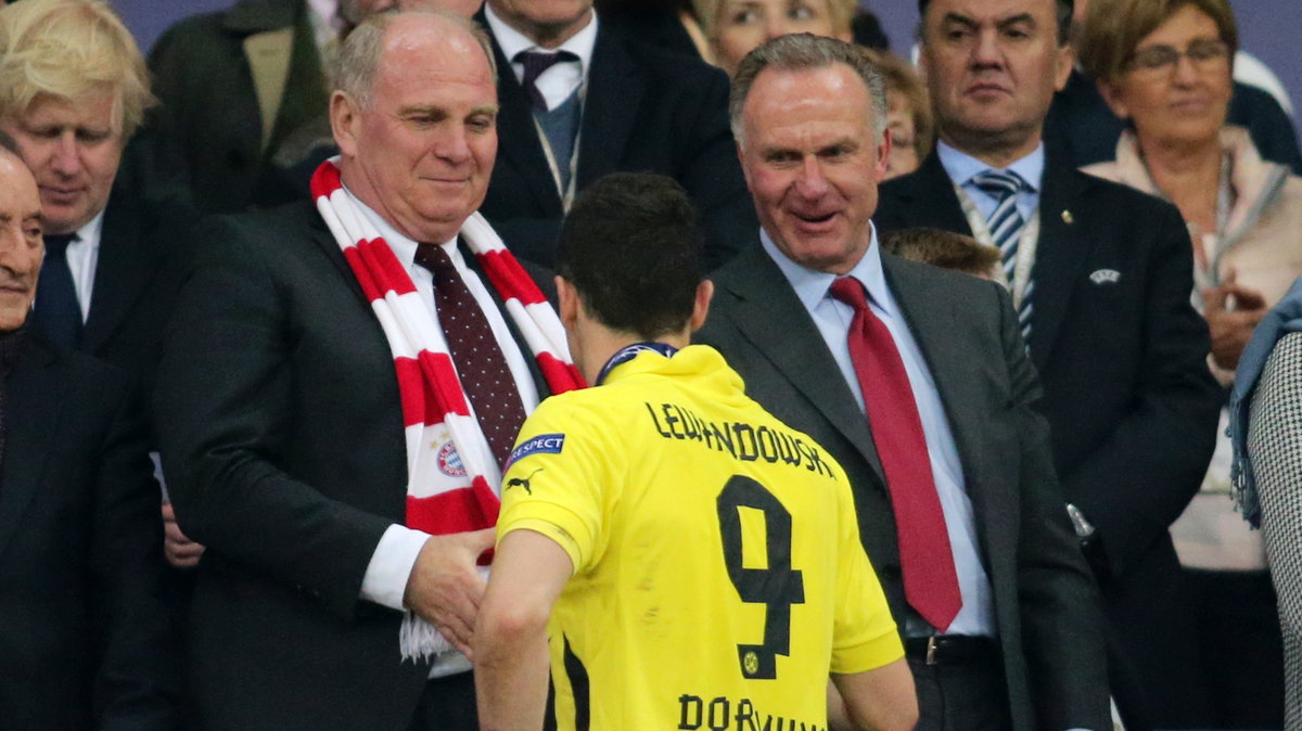 Uli Hoeness, Karl Heinz Rummenigge i Robert Lewandowski po finale LM 2013.