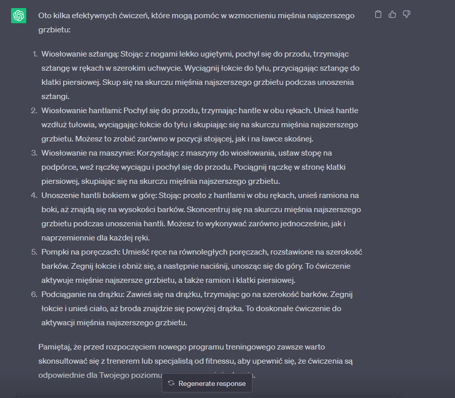 Przykładowe ćwiczenia mające pomóc we wzmocnieniu mięśnia najszerszego grzbietu wypisane przez ChatGPT są raczej mało efektywne