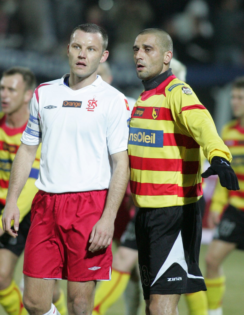 Tomasz Kłos i Radosław Kałużny podczas meczu ŁKS Łódź - Jagiellonia Białystok (22 lutego 2008 r)