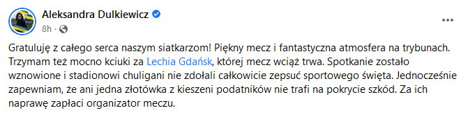 Post Aleksandry Dulkiewicz na Facebooku