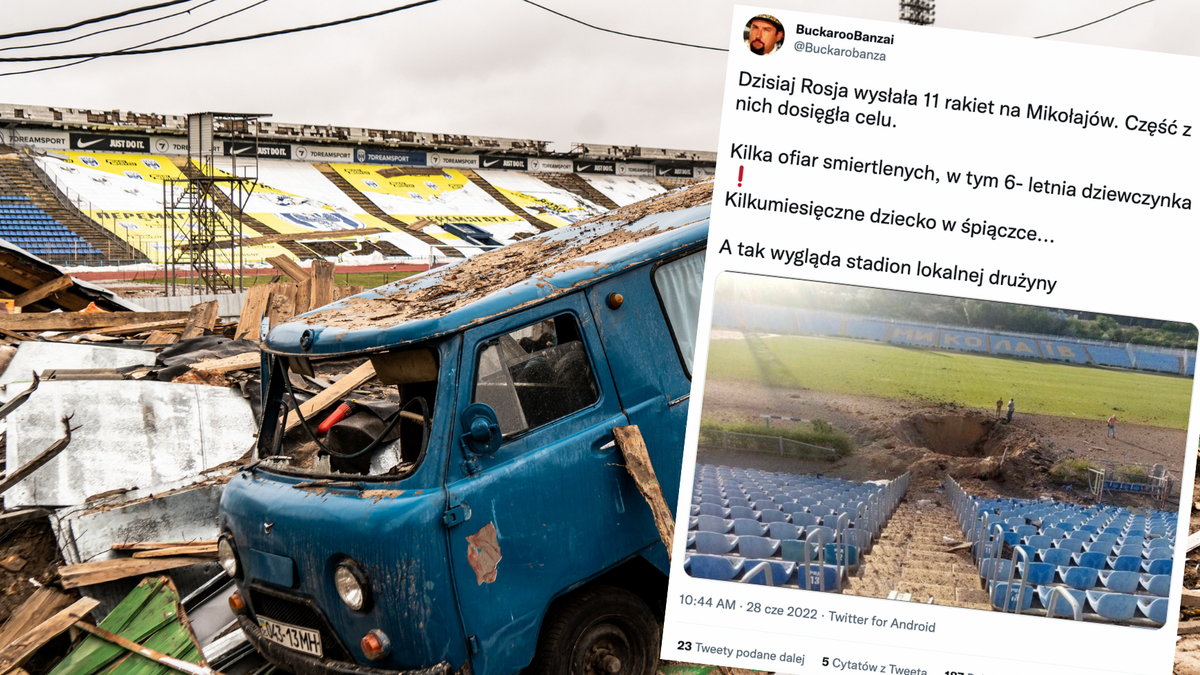 Rosjanie niszczą wiele z ukraińskich obiektów sportowych i kulturalnych. Na zdjęciu stadion w Czernihowie. Fotografia ilustracyjna. (twitter.com/Buckarobanza)