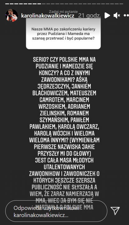 Screenshot z Instastory Karoliny Kowalkiewicz