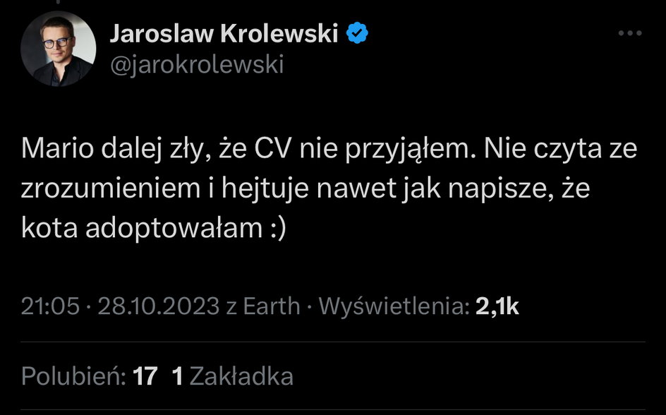 Wspomniany wpis Jarosława Królewskiego do kibica Wisły, który wysłał swoje CV