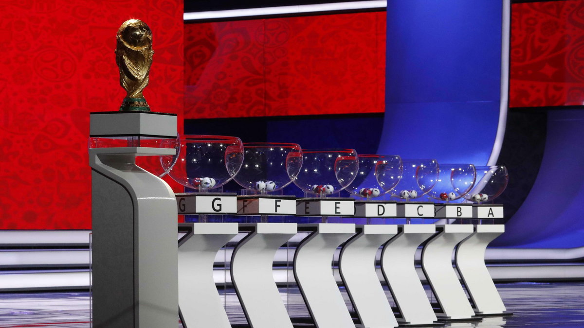 The World Cup trophy and pots are on display during preparations for the upcoming Final Draw of the 2018 FIFA World Cup Russia in Moscow